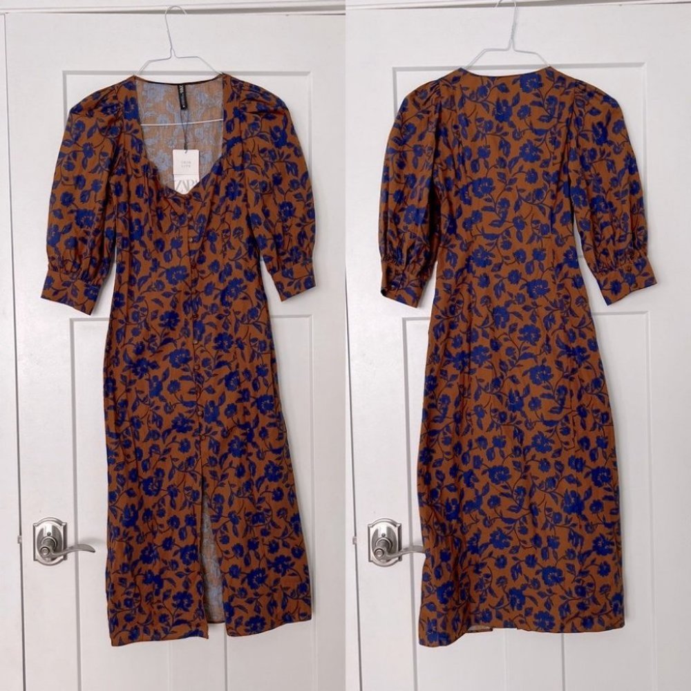Zara Brown Blue Floral Printed Poplin Dress XS Blogger Favorite NEW with tags - Picture 4 of 9